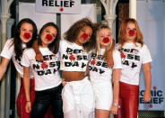 Victoria Beckham, Mel C, Emma Bunton, Geri Halliwell and Mel B from the Spice Girls during Comic Relief Red Nose Day on February 1, 1997, on London, England. (Photo by Fred Duval/FilmMagic)