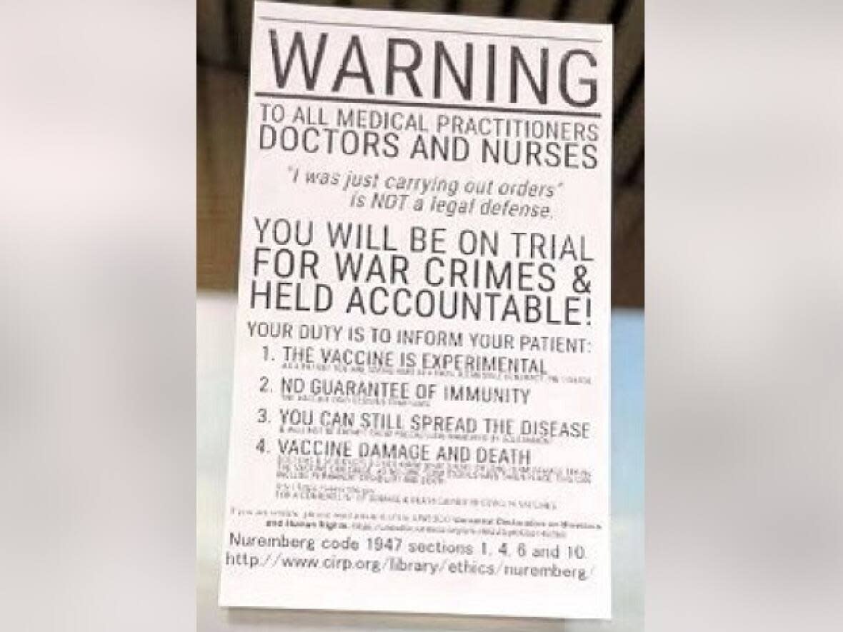 Copies of this poster were 'plastered' on doors and windows at the Yorkton Regional Health Centre. It frustrated Tracy Zambory, Saskatchewan Union of Nurses president.  (Saskatchewan Union of Nurses - image credit)