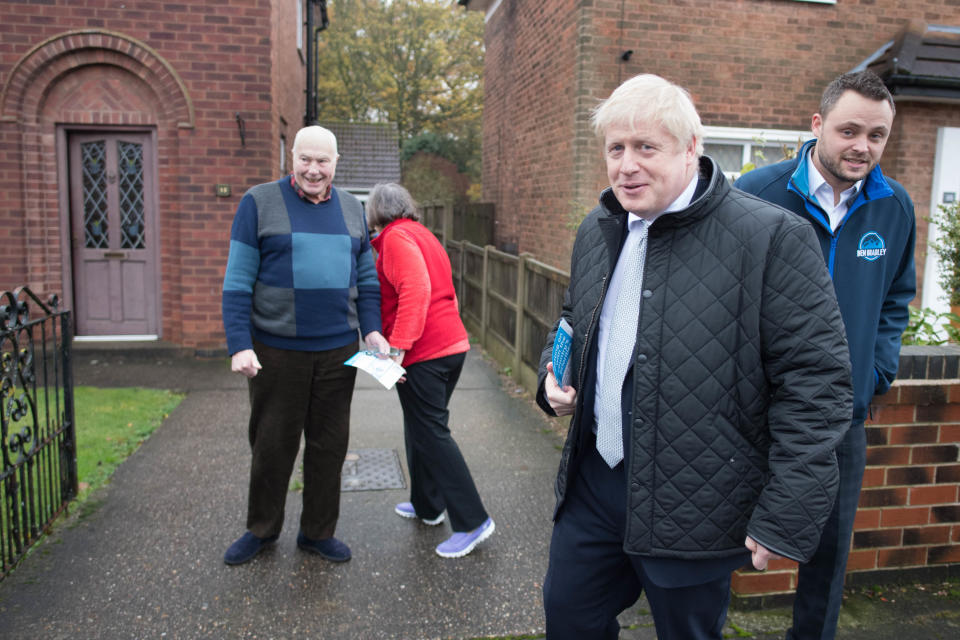 Prime Minister Boris Johnson door knocking in Mansfield, Nottinghamshire, whilst on the General Election campaign trail. PA Photo. Picture date: Saturday November 16, 2019. See PA story POLITICS Election. Photo credit should read: Stefan Rousseau/PA Wire