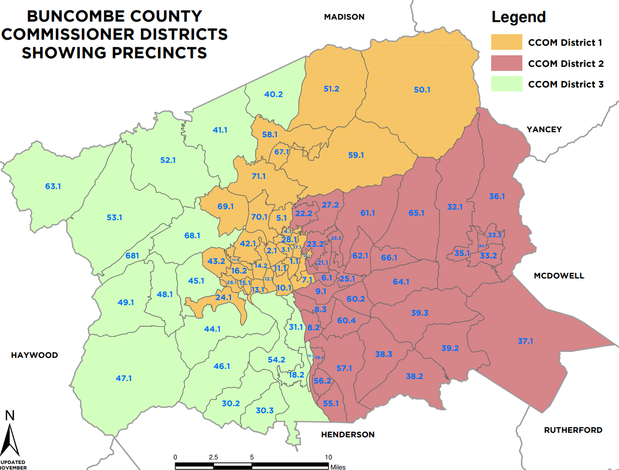 A map from the Buncombe County website shows current commission districts and precincts.