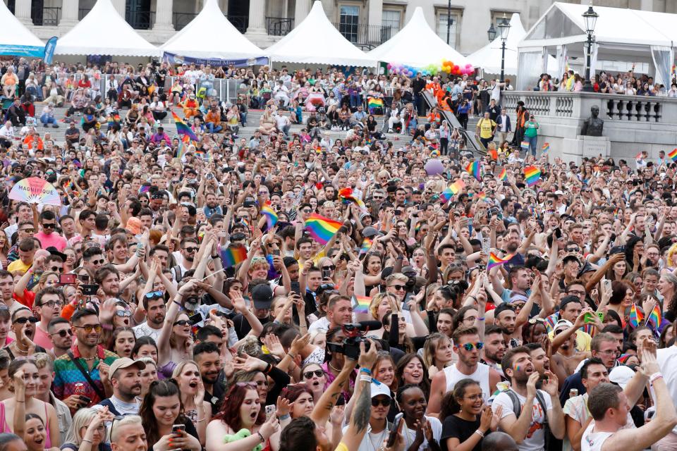 Crowds gathering at Pride in London 2022: The 50th Anniversary at Trafalgar Square.