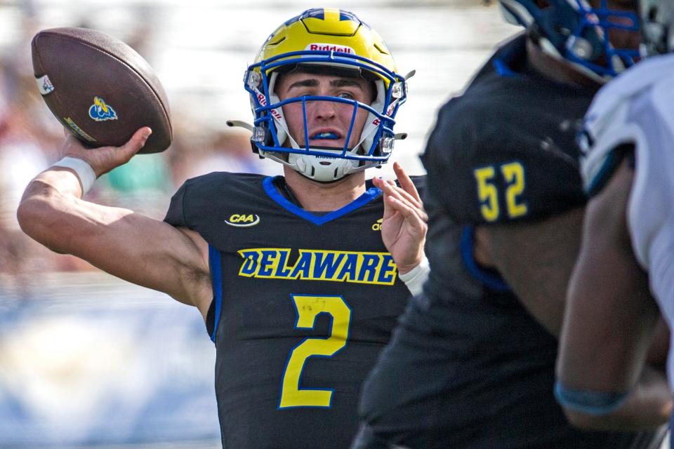 Delaware Blue Hens' quarterback Nolan Henderson (2) looks for a long pass during the football game against CAA newcomer the Monmouth Hawks at Delaware Stadium, Saturday, Nov. 5, 2022. Delaware won 49-17.