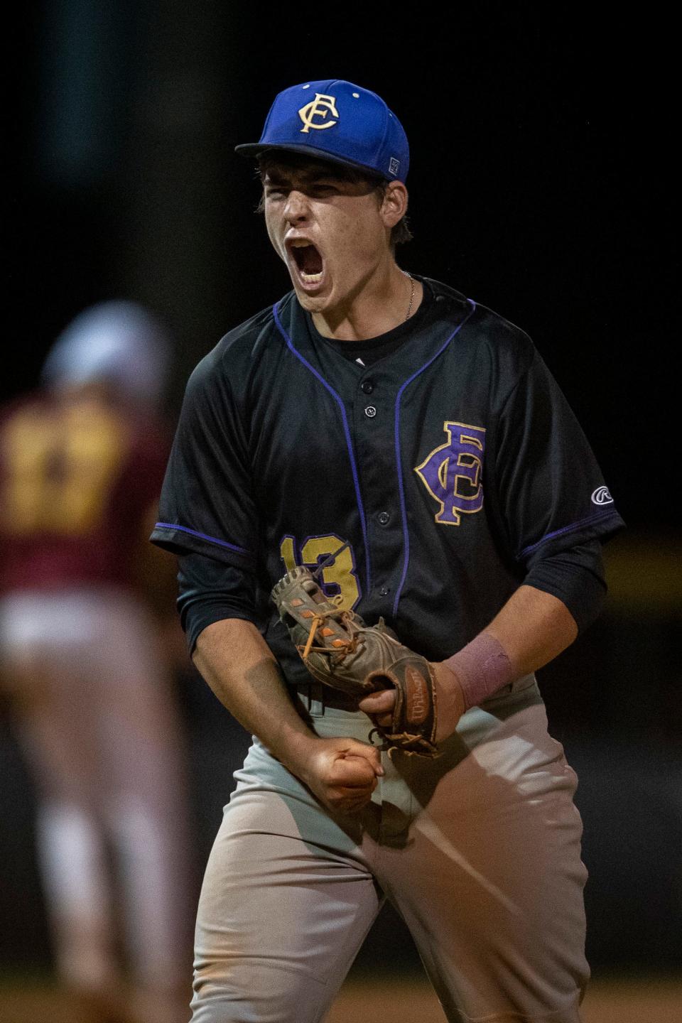 Fort Collins' Sean Togher reacts after striking out a Rocky Mountain batter during their baseball game at City Park in Fort Collins on Thursday, April 28, 2022.