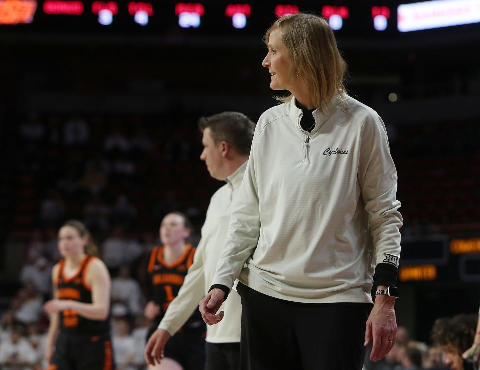 Iowa State acting head coach Jodi Steyer reacts against Oklahoma State during the fourth quarter at Hilton Coliseum on Wednesday.