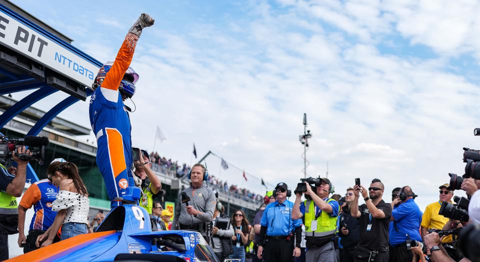 Chip Ganassi Racing driver Scott Dixon (9) celebrates pole position during qualifying for the 106th running of the Indianapolis 500 on Sunday, May 22, 2022, at Indianapolis Motor Speedway, in Indianapolis. 