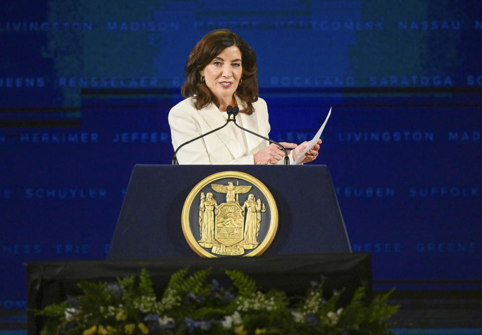 New York Gov. Kathy Hochul delivers her inauguration address, Sunday, Jan. 1, 2023, in Albany, N.Y. (AP Photo/Hans Pennink)