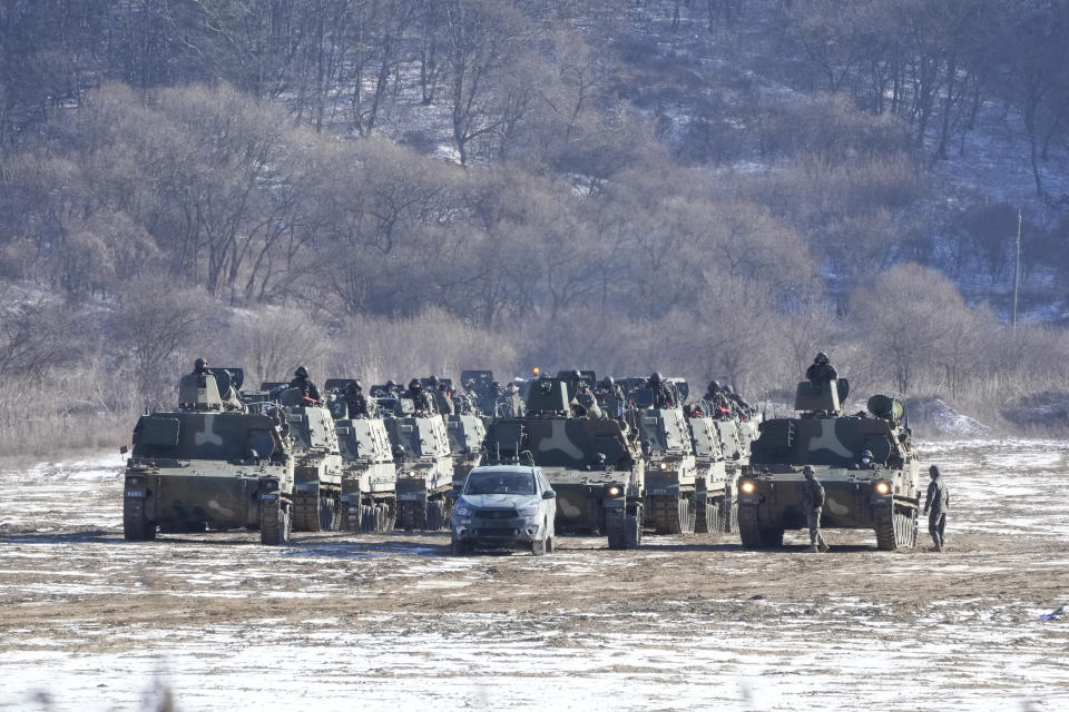 South Korean army K-9 self-propelled howitzers prepare to move in Paju, near the border with North Korea, South Korea, Tuesday, Jan. 11, 2022. North Korea on Tuesday fired what appeared to be a ballistic missile into its eastern sea, its second launch in a week, following leader Kim Jong Un's calls to expand its nuclear weapons program in defiance of international opposition. (AP Photo/Ahn Young-joon)