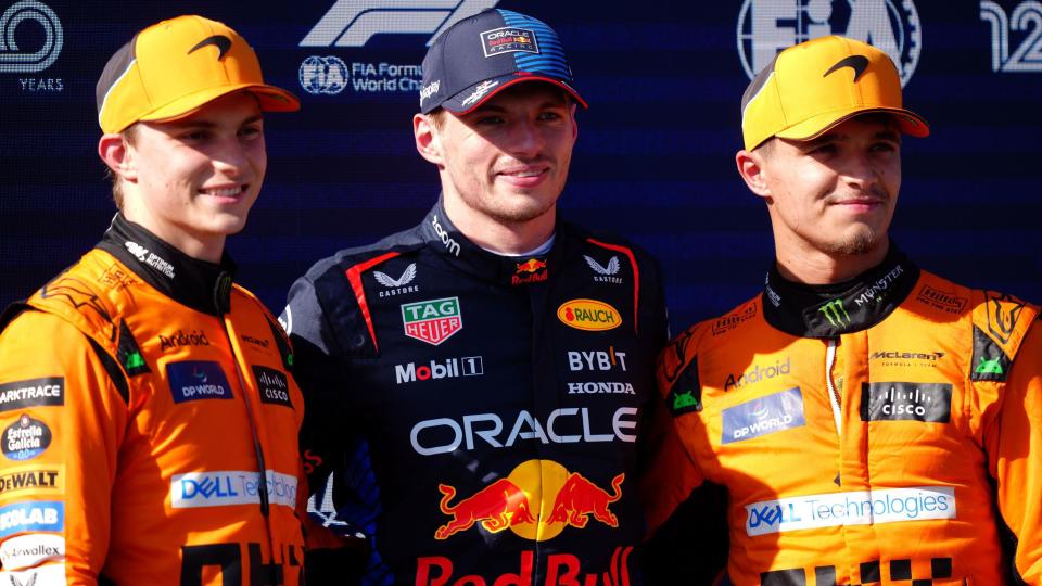 Oscar Piastri, Max Verstappen and Lando Norris pose for photographs after qualifying at Imola