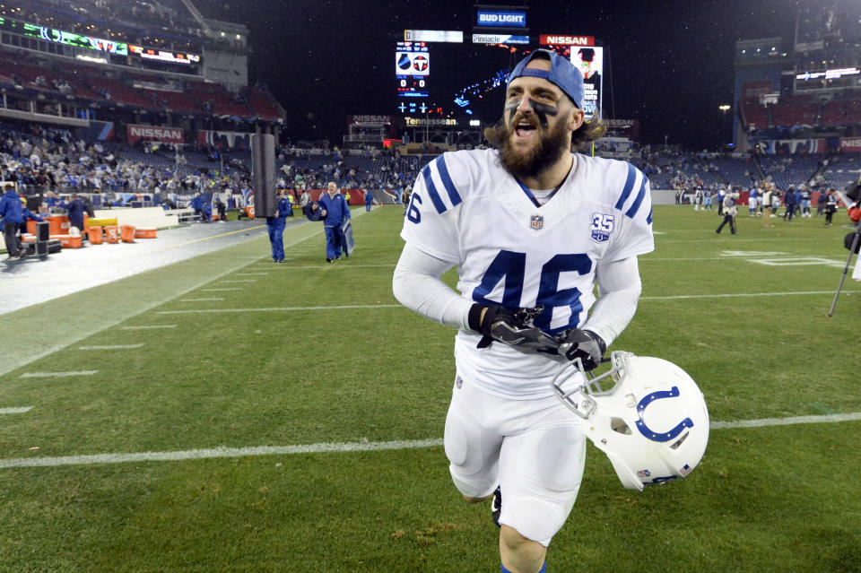 Indianapolis Colts long snapper Luke Rhodes (46) leaves the field after an NFL football game against the Tennessee Titans Sunday, Dec. 30, 2018, in Nashville, Tenn. The Colts won 33-17.(AP Photo/Mark Zaleski)