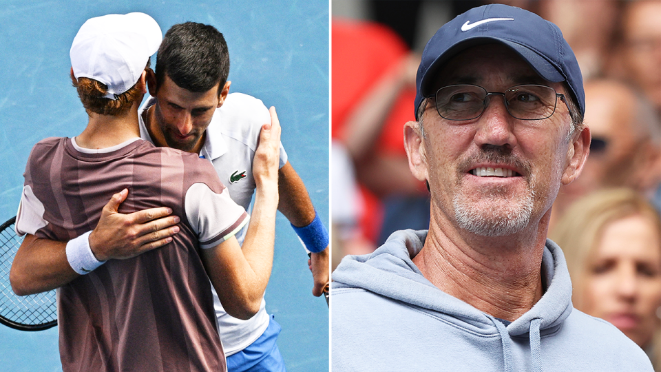 Novak Djokovic embraces Jannik Sinner and Darren Cahill watches on.