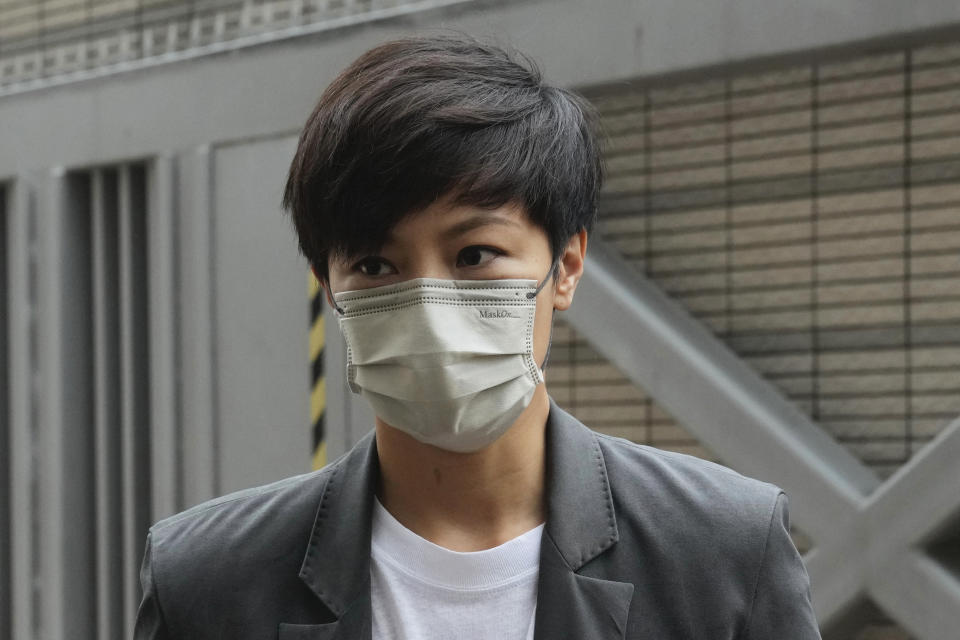 FILE - Hong Kong singer Denise Ho arrives for an appearance at a court in Hong Kong as she is charged in relation to their past fundraising for activists on May 24, 2022. A 90-year-old Catholic cardinal and five others including Ho stood trial in Hong Kong on Monday, Sept. 26, 2022 for allegedly failing to register a now-defunct fund set up to assist people arrested in the mass anti-government protests in the city three years ago. (AP Photo/Kin Cheung)