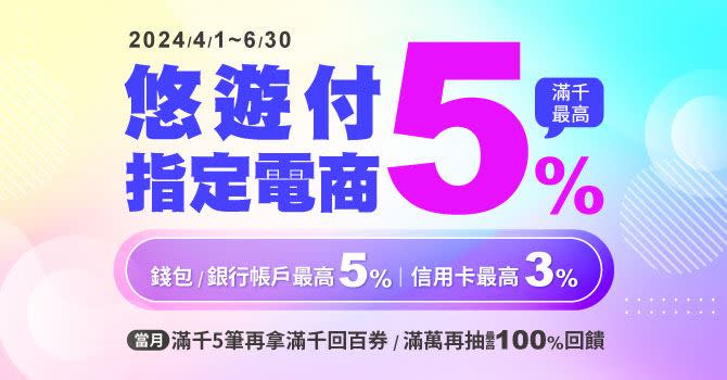 悠遊付指定電商滿千最高回饋5%再抽「回饋100%」。（圖／品牌業者提供）