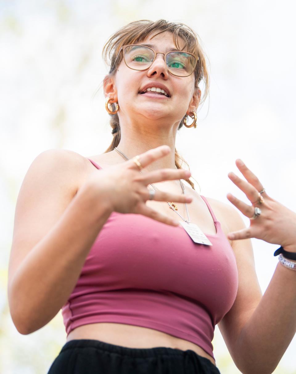 Maya Hogan speaks at an anti-Hamas propaganda demonstration at Showalter Fountain on Thursday, May 2, 2024.