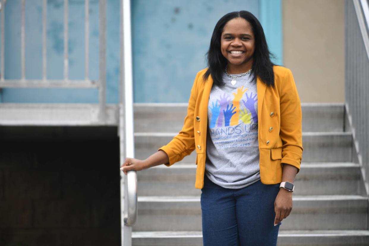 Hands Up Director Jasmine Pearman poses for a photo outside the Hands Up Preschool in Jackson, Tenn. on Thursday, March 7, 2024.