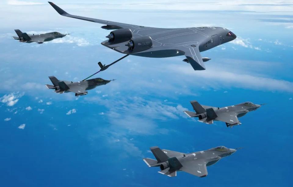 A rendering of JetZero's blended wing body concept configured as a tanker, with F-35A Joint Strike Fighters flying in formation and receiving fuel. <em>JetZero</em>