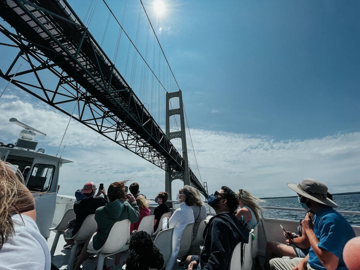 A boat for the Shepler's Ferry line, seen here in 2021, transports visitors from Mackinac Island to St. Ignace and Mackinaw City.