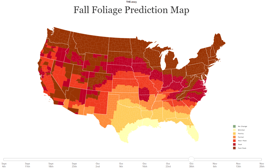 Fall foliage predictions for the week of Oct. 30, 2023. (Smokymountains.com)