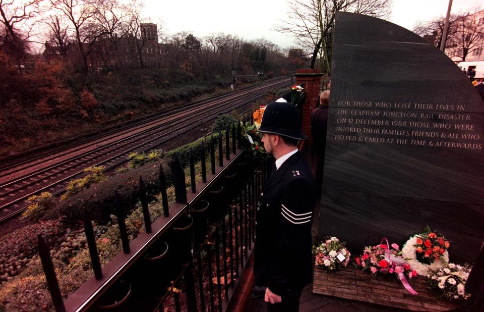 The scene where about 50 mourners today (Saturday) commemorated the 10th anniversary of the most horrific rail crash in modern times, they gathered at the scene at precisely the time of the tragedy. At 8.13 am on Monday December 12, 1988, a London-bound commuter train ploughed into the back of a stationary train near Clapham Junction, south west London, killing 35 people and injuring 113. Photo by Sean Dempsey/PA. See PA story RAIL Clapham.
