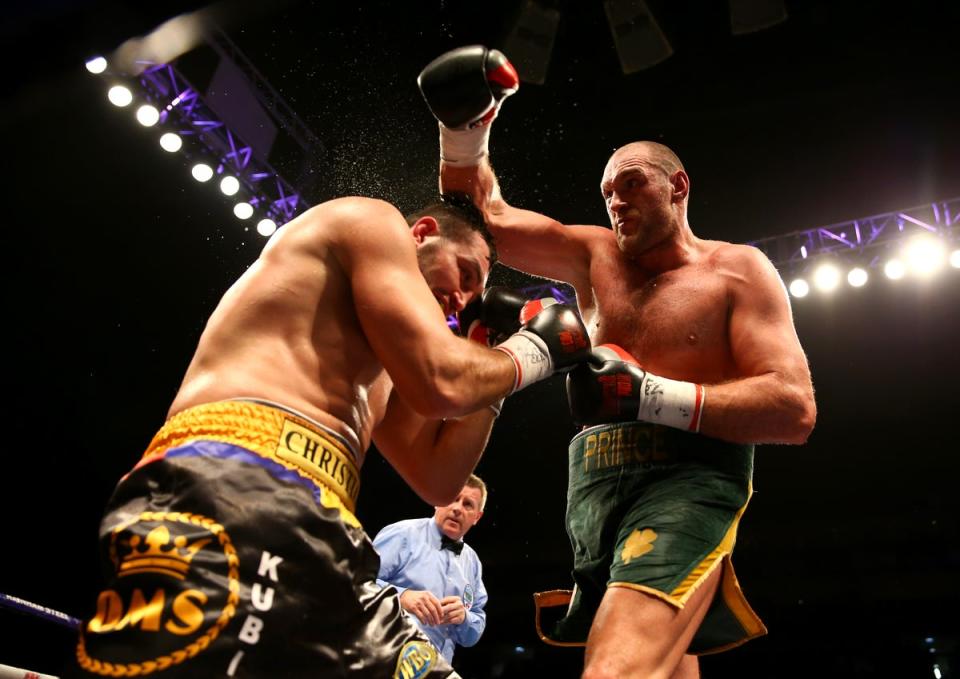 Christian Hammer (left) during his stoppage defeat by Tyson Fury in 2015 (Getty Images)