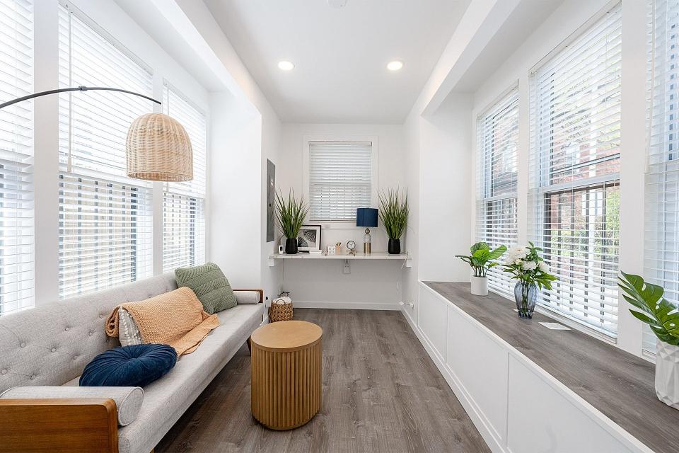 The living room of a skinny home.