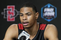 San Diego State forward Keshad Johnson speaks during a news conference in preparation for the Final Four college basketball game in the NCAA Tournament on Thursday, March 30, 2023, in Houston. San Diego State will face Florida Atlantic on Saturday. (AP Photo/David J. Phillip)