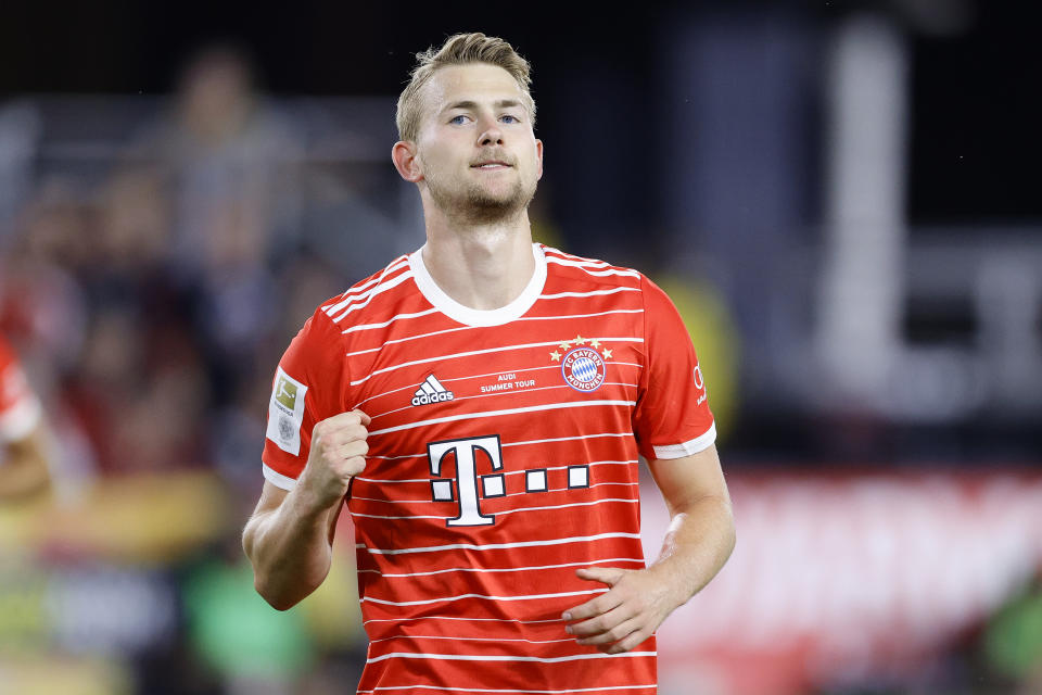 WASHINGTON, DC - JULY 20: Matthijs de Ligt #4 of Bayern Munich celebrates after scoring during the pre-season friendly match between DC United and Bayern Munich at Audi Field on July 20, 2022 in Washington, DC. (Photo by Tim Nwachukwu/Getty Images)