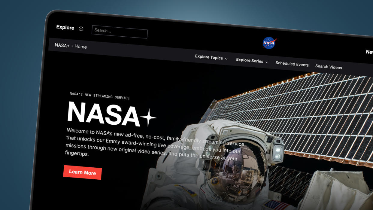  A laptop on a blue background showing the NASA Plus streaming service. 