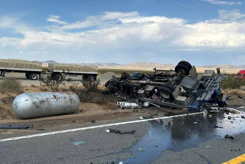 An elderly man died and two other men were hurt in a head-on collision between a car and a truck hauling propane canisters on Highway 247 east of Lucerne Valley on Monday, July 15, 2024.