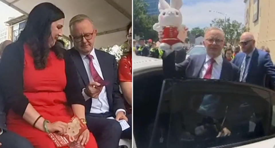 Anthony Albanese wearing red tie at Chinese New Year celebration in Melbourne. 