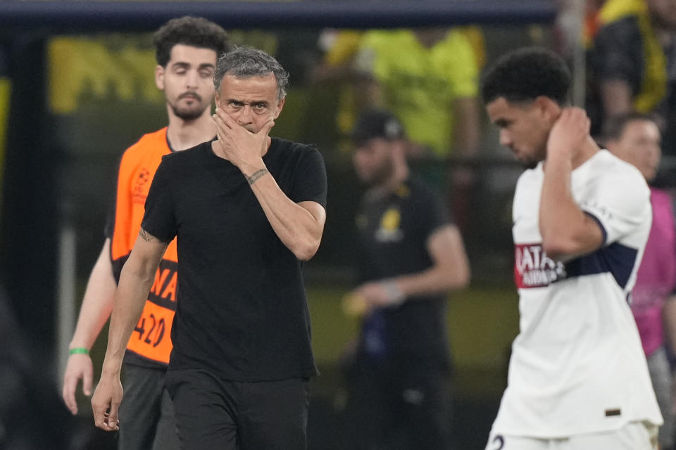 PSG's head coach Luis Enrique reacts after the Champions League semifinal first leg soccer match between Borussia Dortmund and Paris Saint-Germain at the Signal-Iduna Park stadium in Dortmund, Germany, Wednesday, May 1, 2024. (AP Photo/Matthias Schrader)