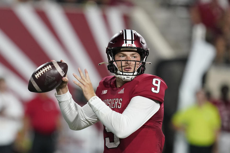 Indiana quarterback Connor Bazelak looks to throw during the first half of an NCAA college football game against Illinois, Friday, Sept. 2, 2022, in Bloomington, Ind. (AP Photo/Darron Cummings)