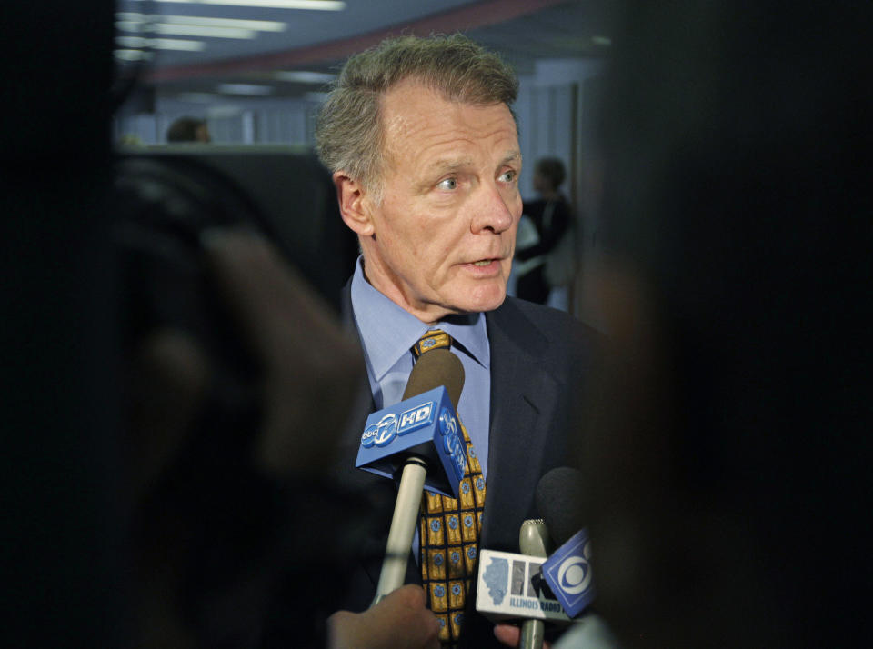 Illinois House Speaker Michael Madigan speaks with reporters, Wednesday, June 6, 2012, in Chicago after top Illinois lawmakers met with Gov. Pat Quinn to talk about pension reform. The lawmakers left the meeting divided over what approach to take. They were close to agreement last week, but that was derailed shortly before the end of the legislative session. The biggest dispute is over whether to make downstate and suburban Chicago schools take over the cost of employee pensions. Illinois pays those expenses now. (AP Photo/M. Spencer Green)