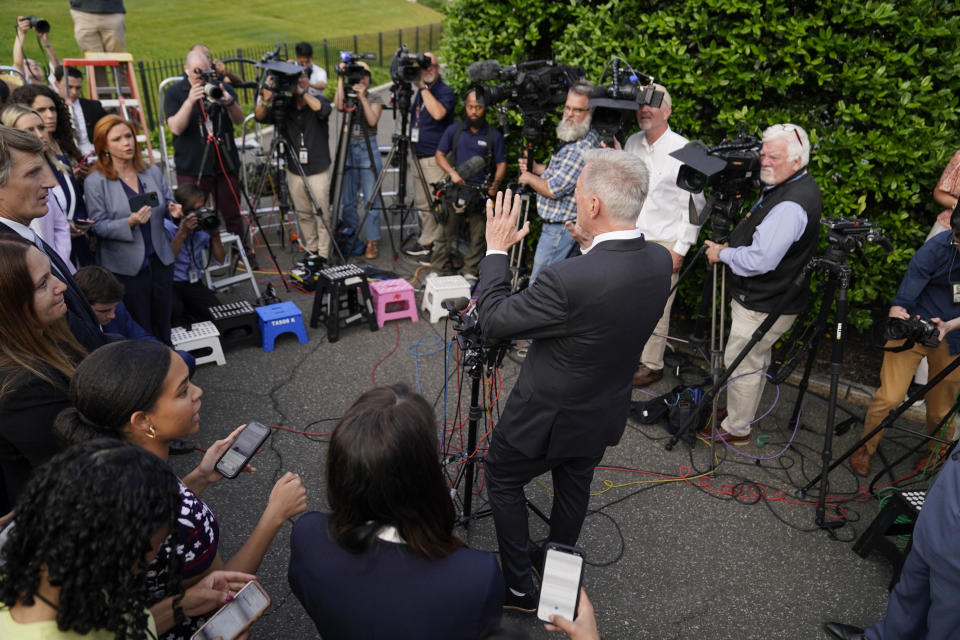 Speaker of the House Kevin McCarthy of Calif., talks to reporters after meeting with President Joe Biden at the White House, Monday, May 22, 2023, in Washington. (AP Photo/Evan Vucci)
