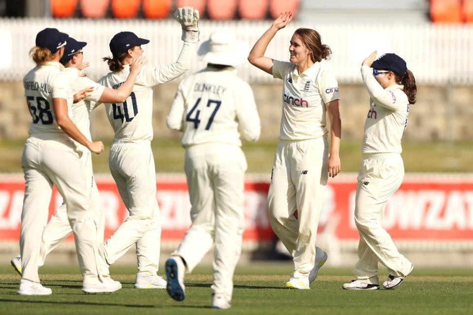 Nat Sciver celebrates after taking the wicket of Tahlia McGrath (Getty Images)