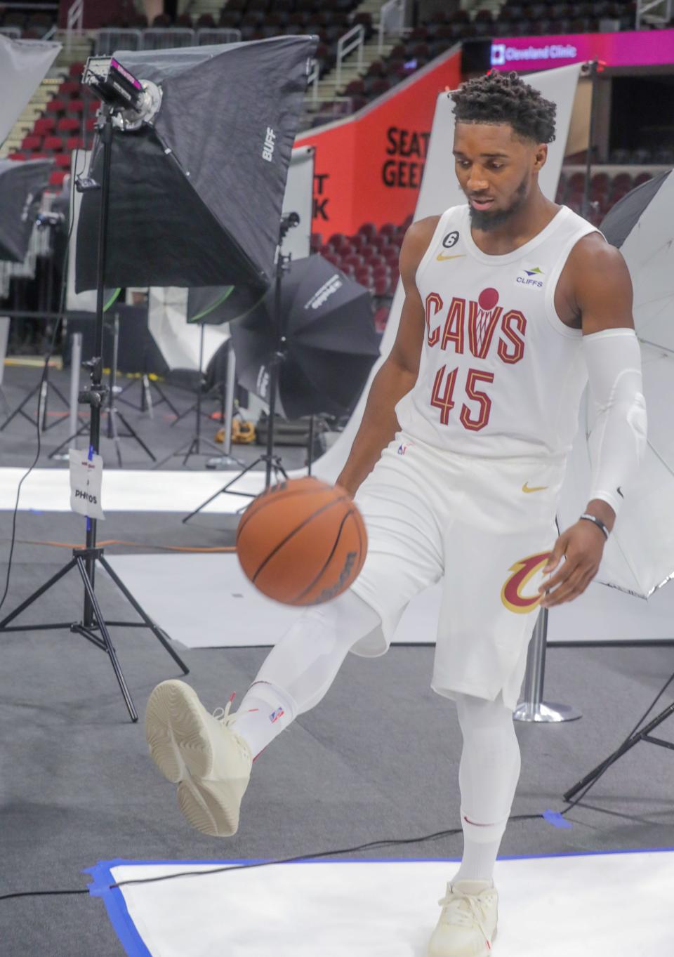 Cleveland Cavalier Donovan Mitchell introduces his soccer style to members of the media on Monday, Sept. 26, 2022 in Cleveland, Ohio, at Rocket Mortgage Fieldhouse.