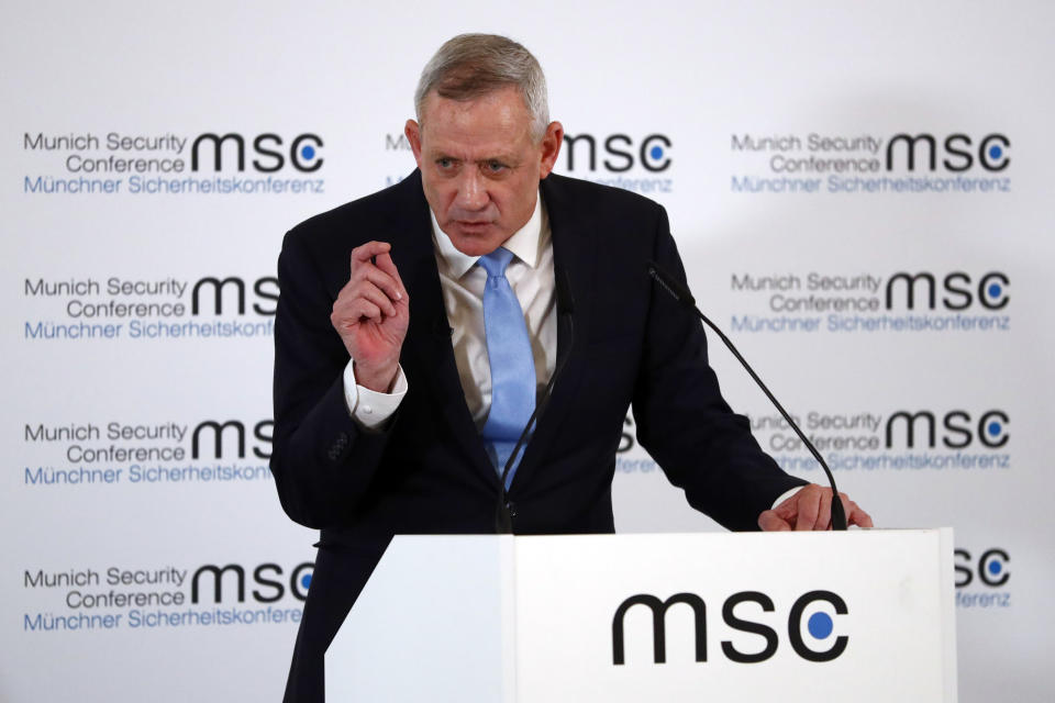 Retired Israeli military chief Benny Gantz speaks at the International Security Conference in Munich, Germany, Sunday, Feb. 17, 2019. (AP Photo/Matthias Schrader)