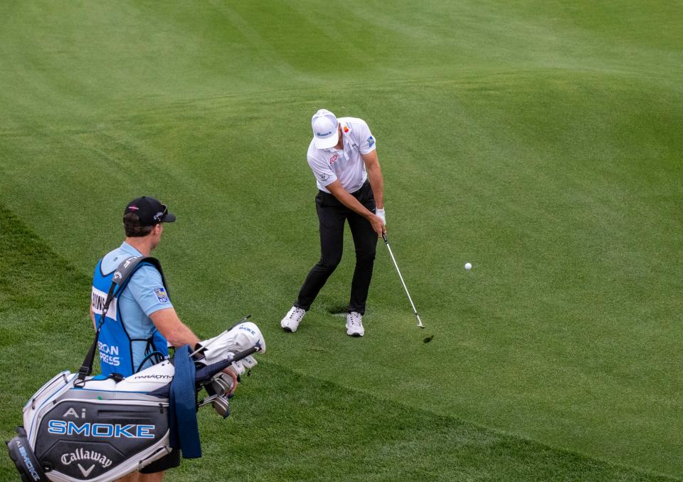 Sam Burns approaches the 12th green after having to take a drop for an unplayable ball on the Pete Dye Stadium Course during Round 3 of The American Express at PGA West in La Quinta, Calif., Saturday, Jan. 20, 2024.