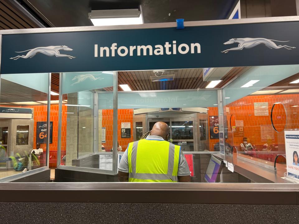 Greyhound information station at Port Authority Bus Terminal in Manhattan, New York