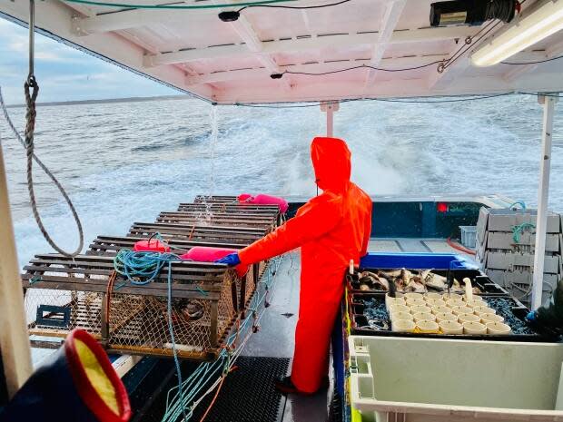 A crew member aboard the Let Her Go off North Lake prepares to dump traps back in the water.