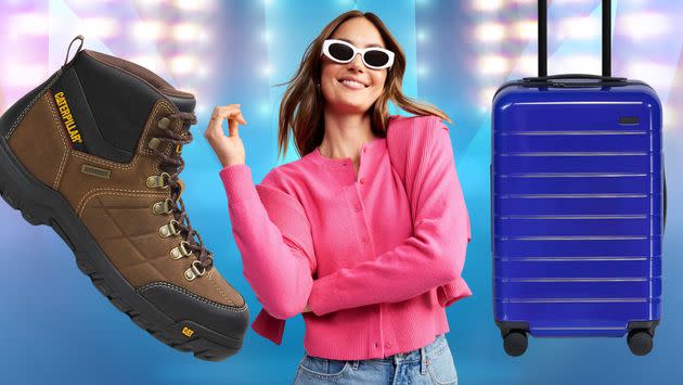 Cat Footwear's Threshold work boot, an Old Navy SoSoft cardigan and Away's carry-on hardshell suitcase