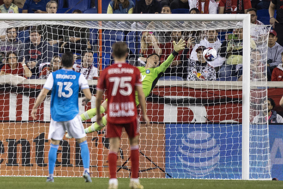 Charlotte FC goalkeeper Kristijan Kahlina gives up a goal to the New York Red Bulls during an MLS soccer match Wednesday, Oct. 25, 2023, in Harrison, N.J. (AP Photo/Eduardo Munoz Alvarez)