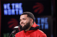 Toronto Raptors' Fred VanVleet speaks to media at Scotiabank Arena during the NBA basketball team's Media Day in Toronto, Monday, Sept. 27, 2021. (Cole Burston/The Canadian Press via AP)