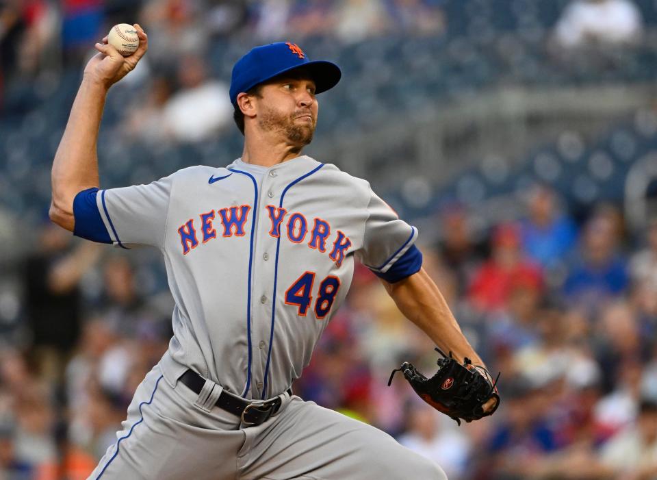 New York Mets starting pitcher Jacob DeGrom (48) throws to the Washington Nationals during the first inning at Nationals Park.