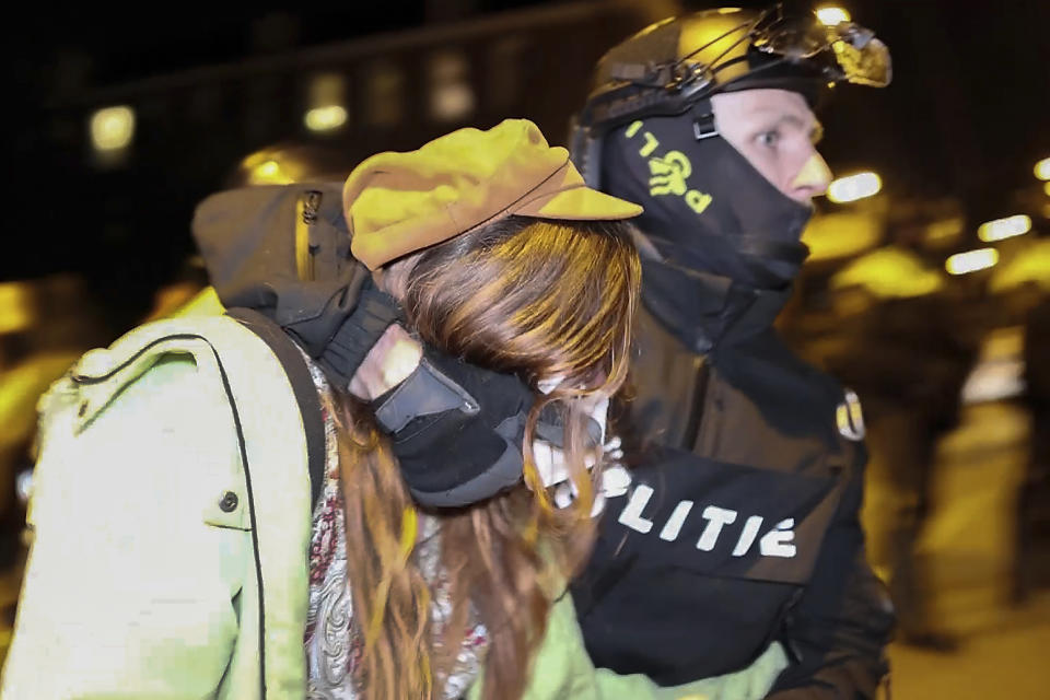 In this image taken from video Police arrests some 125 activists as they broke up a pro-Palestinian demonstration camp at the University of Amsterdam in Amsterdam, the Netherlands, Tuesday, May 7, 2024, as protests that have roiled campuses in the United States spread into Europe. (AP Photo InterVision)