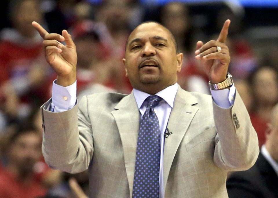 FILE - In this Monday, April 21, 2014, file photo, Golden State Warriors head coach Mark Jackson directs his team during the second half in Game 2 of an opening-round NBA basketball playoff series in Los Angeles. The Warriors fired Jackson on Tuesday, May 6, 2014. Jackson's three seasons with the Warriors will be remembered for the way he helped turn a perennially losing franchise into a consistent winner and the bold and bombastic way in which he did it. (AP Photo/Chris Carlson, File0