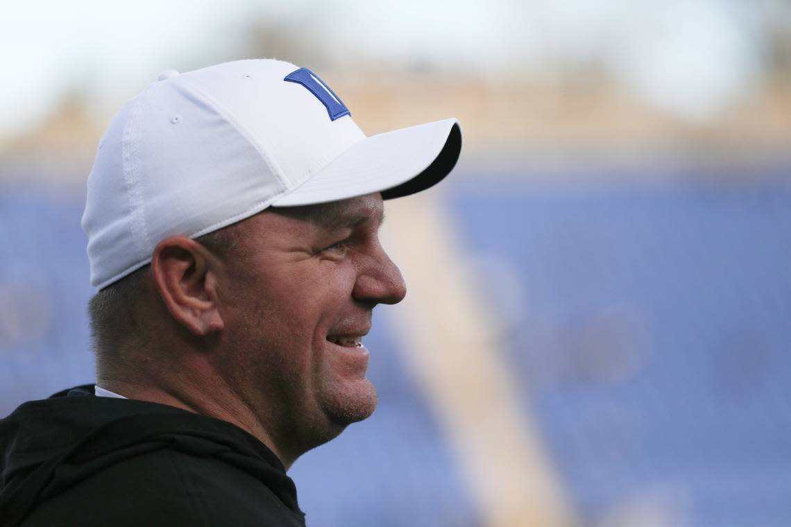 Duke head coach Mike Elko smiles at the start of a Senior Day ceremony prior to the Blue Devils’ final regular season game at Wallace Wade Stadium on Saturday, Nov. 26, 2022, in Durham, N.C.