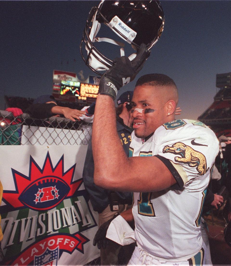 Jaguars receiver Keenan McCardell celebrates Jacksonville's upset over the Broncos in the Jan. 4, 1997, playoff game in Denver.