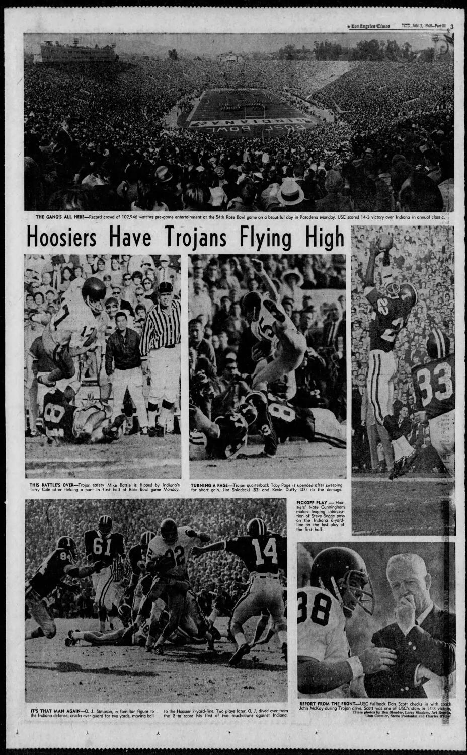 A photo spread in the Los Angeles Times of the 1968 Rose Bowl Game between USC and Indiana.