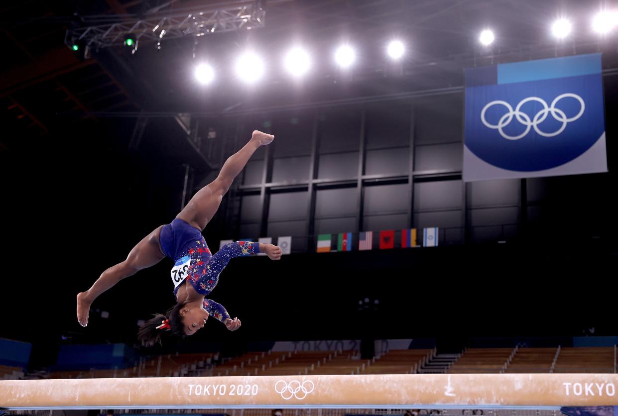 Simone Biles of Team United States competes on the balance beam during Women's Qualification on day two of the Tokyo 2020 Olympic Games at Ariake Gymnastics Centre on July 25, 2021, in Tokyo, Japan.