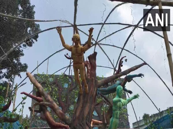 A pandal with tree motifs is being built in Birbhum, West Bengal. (Photo/ANI)